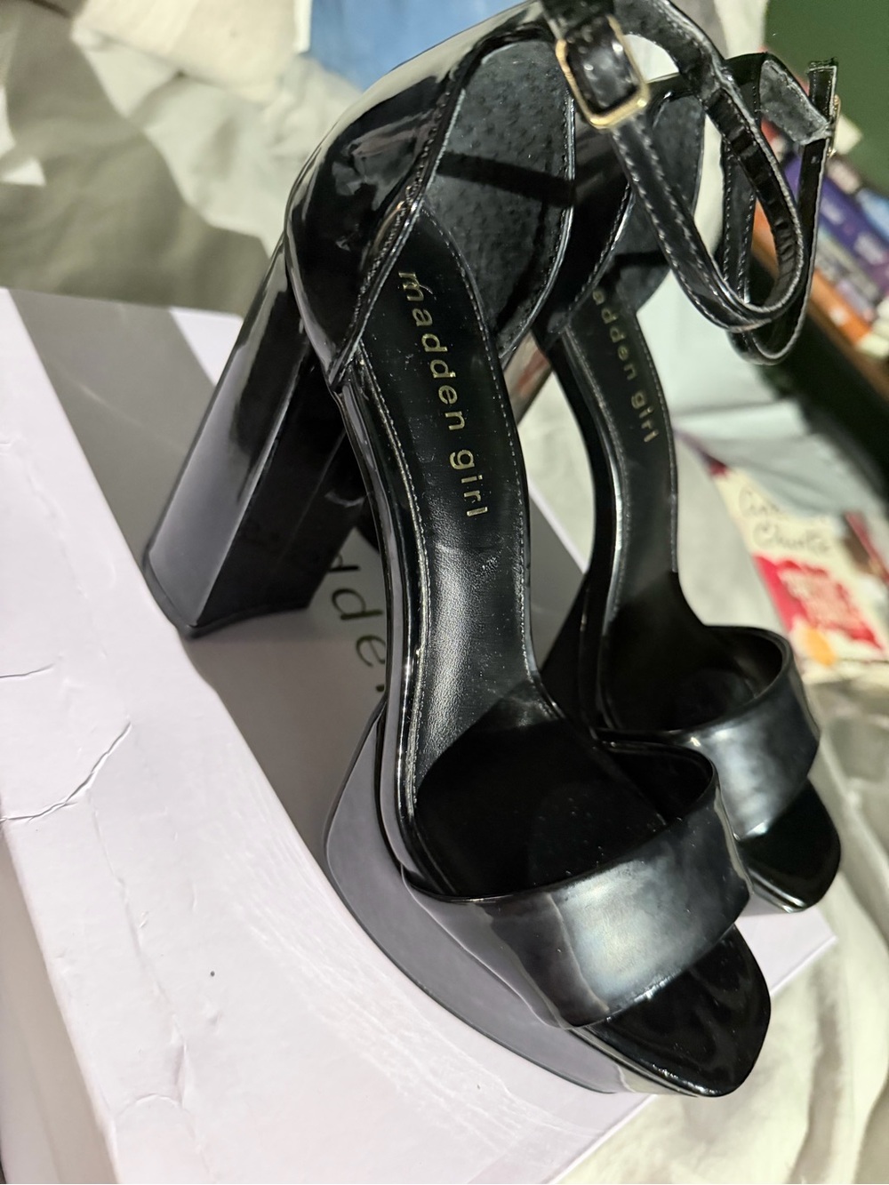 Madden Girl Black Patent Block Heel Sandals